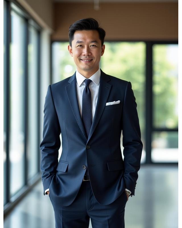 Nabi Artisan에서 맞춤 제작된 세련된 다크 블루 수트를 입은 비즈니스맨