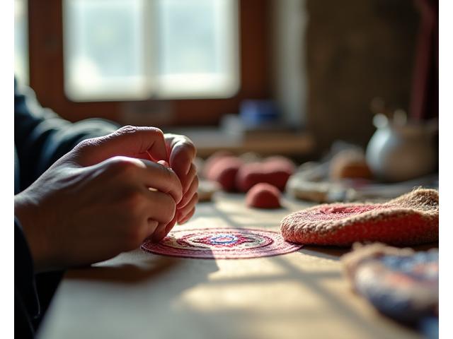 전통 자수 기법으로 수를 놓는 장인의 손