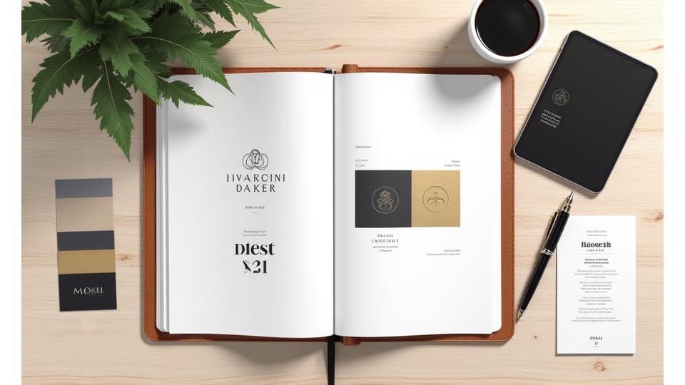 고급 패션 브랜드 로고 디자인을 위한 스케치와 컬러 팔레트가 놓인 디자이너의 작업 테이블