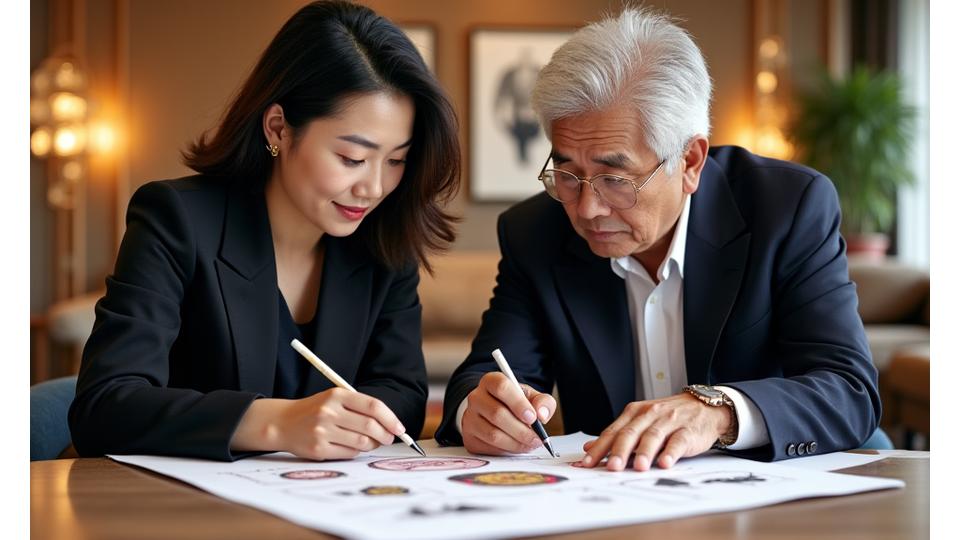 젊은 패션 창업가가 멘토와 함께 비즈니스 모델 캔버스를 보며 논의하는 모습