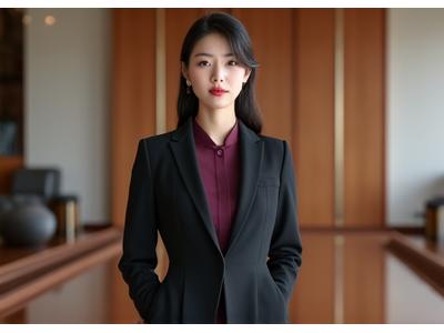 현대적인 사무실에서 세련된 비즈니스 한복 재킷을 입은 전문가.