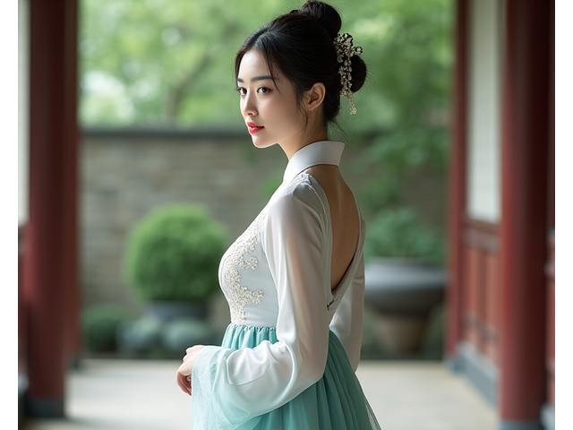 우아한 전통 한복 차림의 여인.