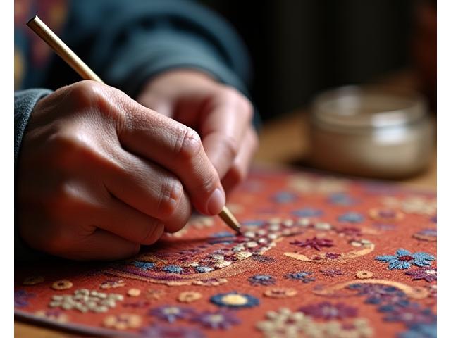 전통 자수 기술을 시연하는 장인의 손.