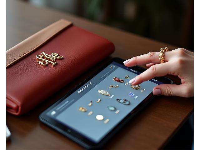 이니셜이 새겨진 고급 가죽 제품과, 맞춤 보석을 선택할 수 있는 주얼리 커스터마이징 화면