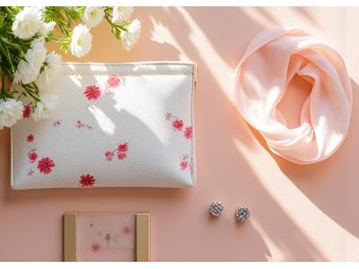 봄꽃 문양의 가벼운 클러치백과 화사한 색조의 주얼리가 어우러진 봄/여름 악세사리